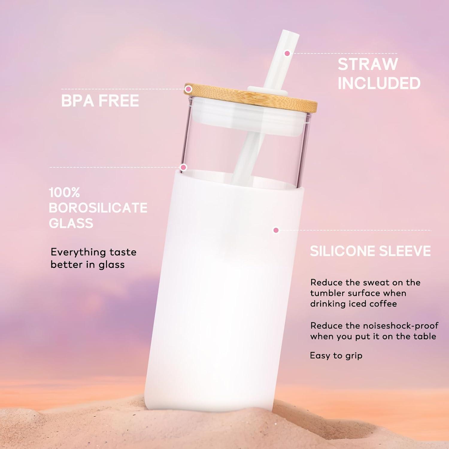 imageTronco 20 oz Glass Tumbler with Lid and Straw Iced Coffee Cup and Smoothie Cup with Bamboo Lids ampamp Protective Silicone Sleeve Dishwasher Safe BPAFree Glass Cup 1 PackPink
