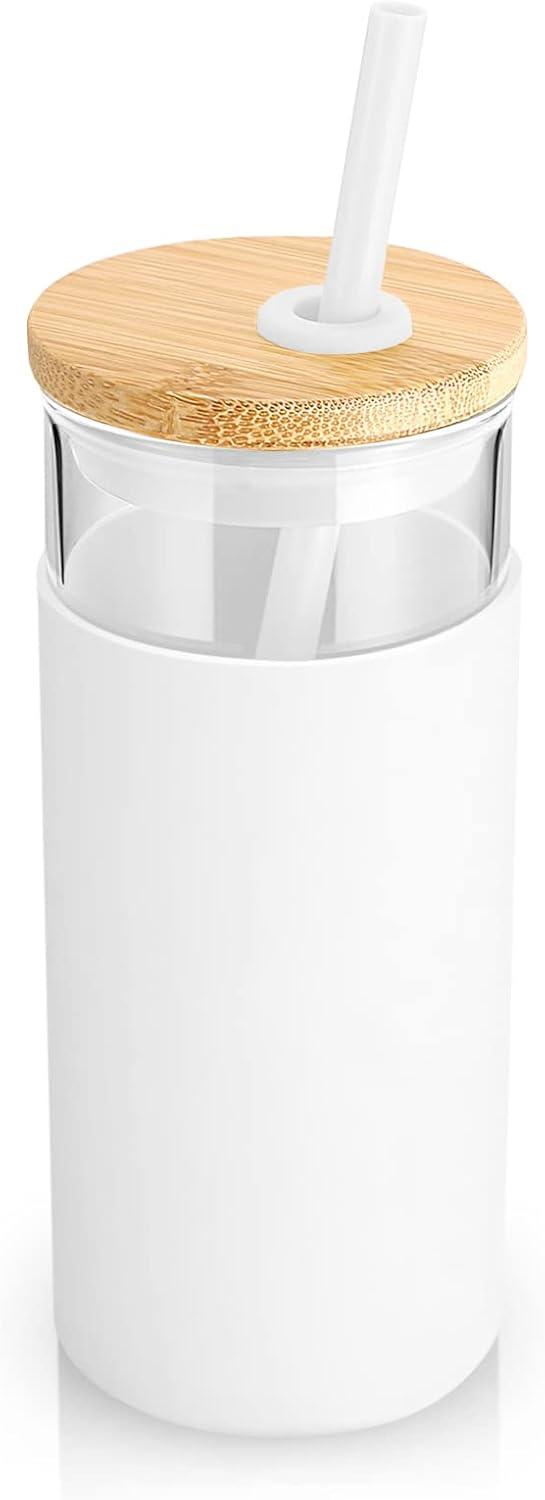 imageTronco 20 oz Glass Tumbler with Lid and Straw Iced Coffee Cup and Smoothie Cup with Bamboo Lids ampamp Protective Silicone Sleeve Dishwasher Safe BPAFree Glass Cup 1 PackWhiteBlack