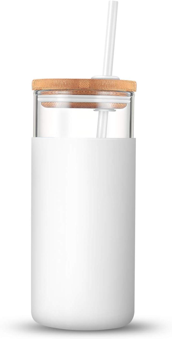 imageTronco 20 oz Glass Tumbler with Lid and Straw Iced Coffee Cup and Smoothie Cup with Bamboo Lids ampamp Protective Silicone Sleeve Dishwasher Safe BPAFree Glass Cup 1 PackWhiteAmber