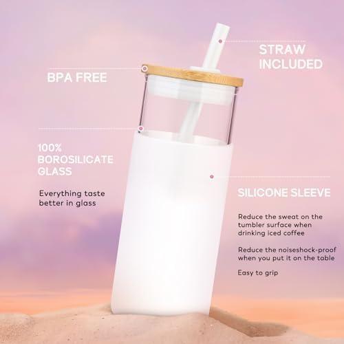 imageTronco 20 oz Glass Tumbler with Lid and Straw Iced Coffee Cup and Smoothie Cup with Bamboo Lids ampamp Protective Silicone Sleeve Dishwasher Safe BPAFree Glass Cup 1 PackCreamBeige