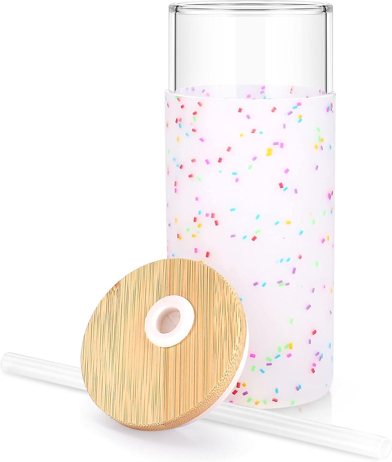 imageTronco 20 oz Glass Tumbler with Lid and Straw Iced Coffee Cup and Smoothie Cup with Bamboo Lids ampamp Protective Silicone Sleeve Dishwasher Safe BPAFree Glass Cup 1 PackColorful spots