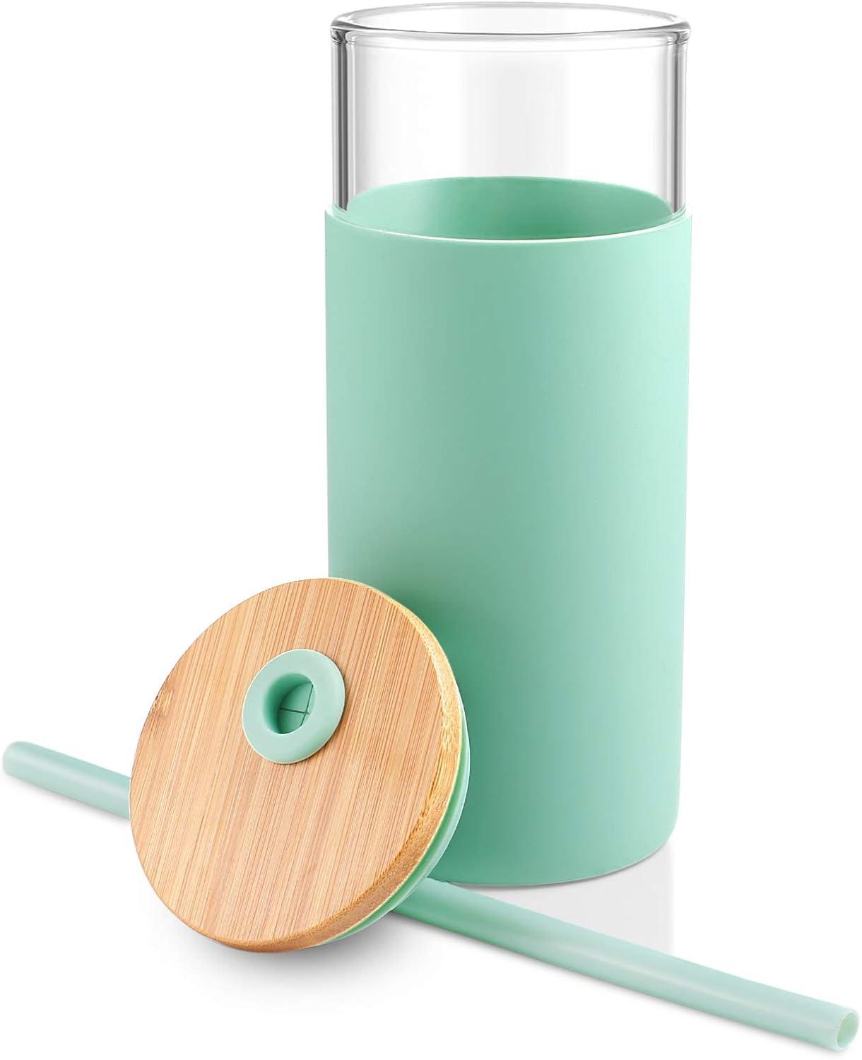 imageTronco 20 oz Glass Tumbler with Lid and Straw Iced Coffee Cup and Smoothie Cup with Bamboo Lids ampamp Protective Silicone Sleeve Dishwasher Safe BPAFree Glass Cup 1 PackMidnight Green