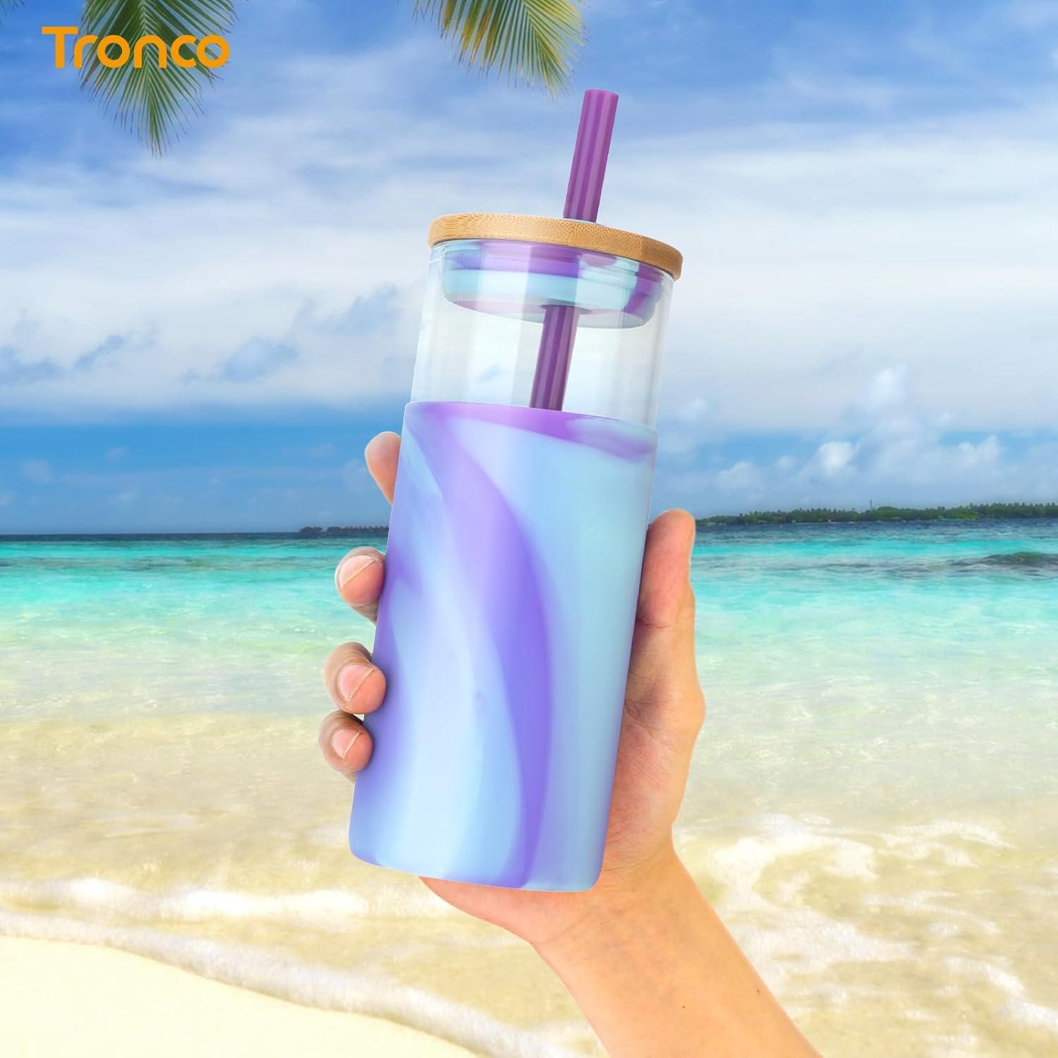 imageTronco 20 oz Glass Tumbler with Lid and Straw Iced Coffee Cup and Smoothie Cup with Bamboo Lids ampamp Protective Silicone Sleeve Dishwasher Safe BPAFree Glass Cup 1 PackBlack leopard