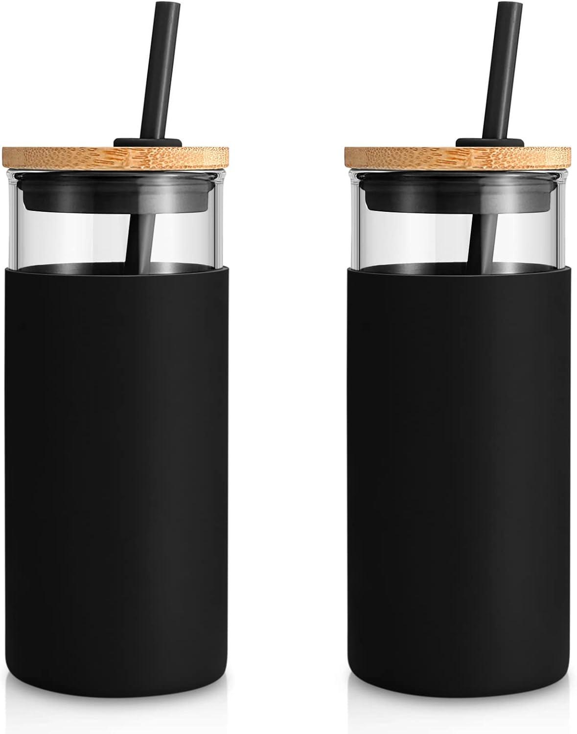 imageTronco 20 oz Glass Tumbler with Lid and Straw Iced Coffee Cup and Smoothie Cup with Bamboo Lids ampamp Protective Silicone Sleeve Dishwasher Safe BPAFree Glass Cup 1 PackBlack