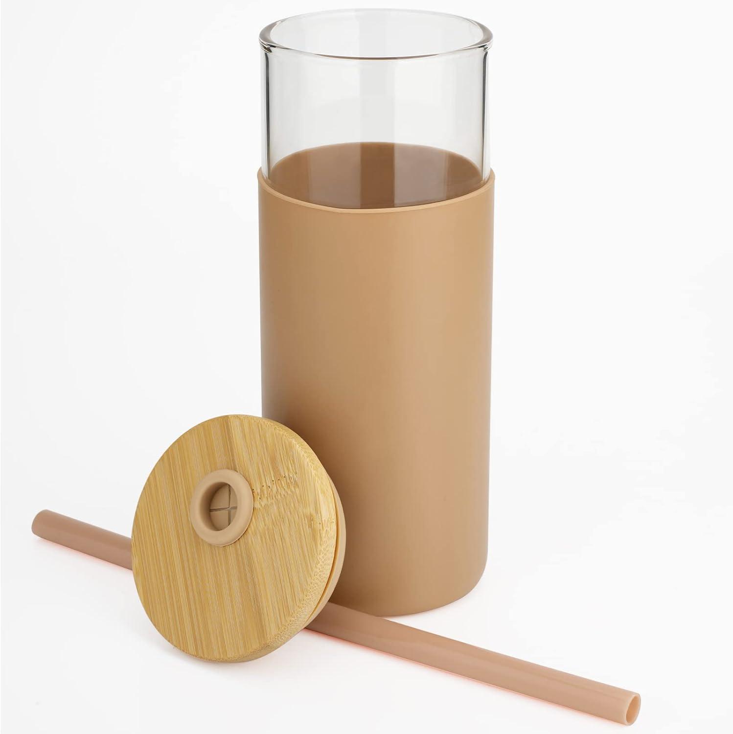 imageTronco 20 oz Glass Tumbler with Lid and Straw Iced Coffee Cup and Smoothie Cup with Bamboo Lids ampamp Protective Silicone Sleeve Dishwasher Safe BPAFree Glass Cup 1 PackAmber