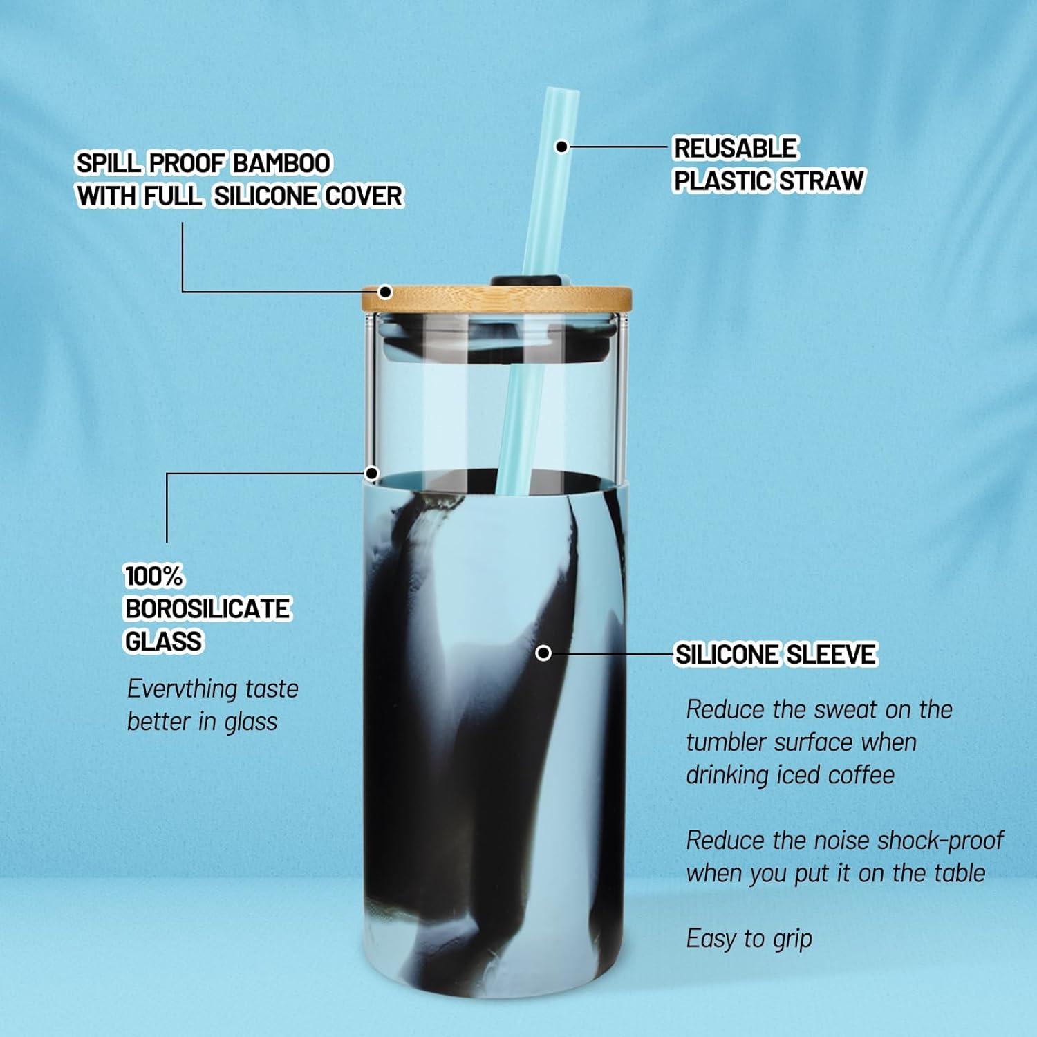 imageTronco 20 oz Glass Tumbler with Lid and Straw Iced Coffee Cup and Smoothie Cup with Bamboo Lids ampamp Protective Silicone Sleeve Dishwasher Safe BPAFree Glass Cup 1 PackWhite Leopard Pattern