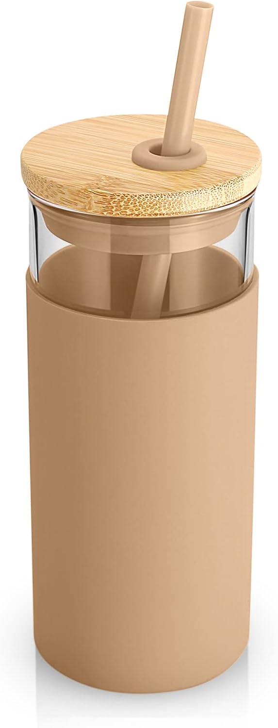 imageTronco 20 oz Glass Tumbler with Lid and Straw Iced Coffee Cup and Smoothie Cup with Bamboo Lids ampamp Protective Silicone Sleeve Dishwasher Safe BPAFree Glass Cup 1 PackMixed color