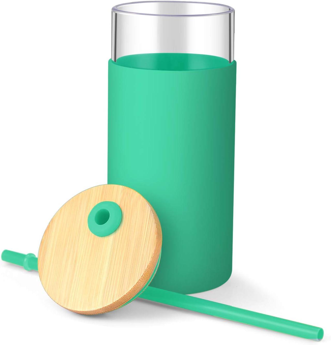 imageTronco 20 oz Glass Tumbler with Lid and Straw Iced Coffee Cup and Smoothie Cup with Bamboo Lids ampamp Protective Silicone Sleeve Dishwasher Safe BPAFree Glass Cup 1 PackGress