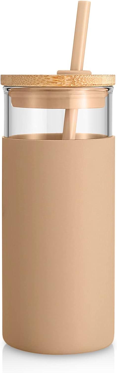 imageTronco 20 oz Glass Tumbler with Lid and Straw Iced Coffee Cup and Smoothie Cup with Bamboo Lids ampamp Protective Silicone Sleeve Dishwasher Safe BPAFree Glass Cup 1 PackAmber