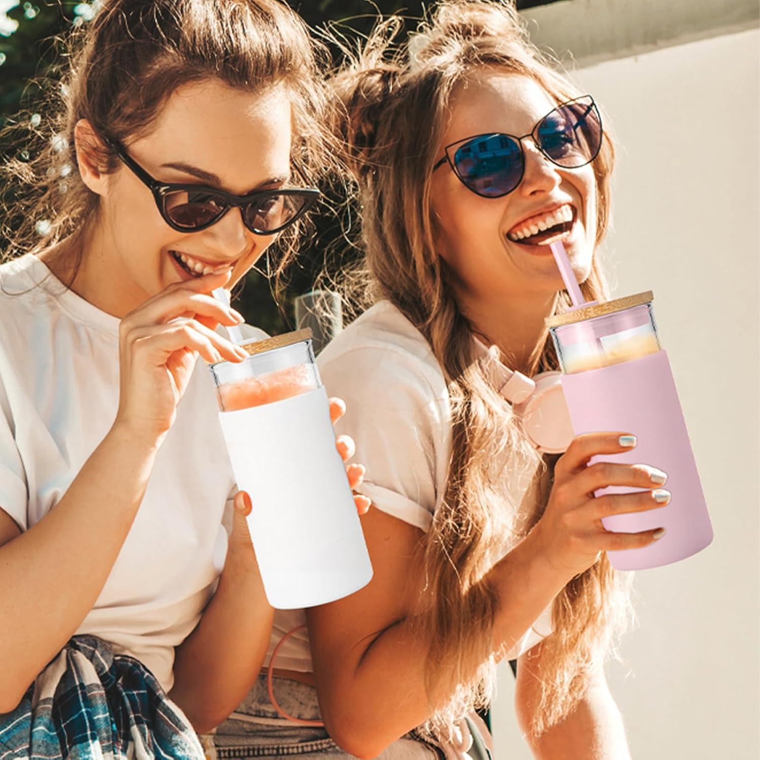 imageTronco 20 oz Glass Tumbler with Lid and Straw Iced Coffee Cup and Smoothie Cup with Bamboo Lids ampamp Protective Silicone Sleeve Dishwasher Safe BPAFree Glass Cup 1 PackLight Purple