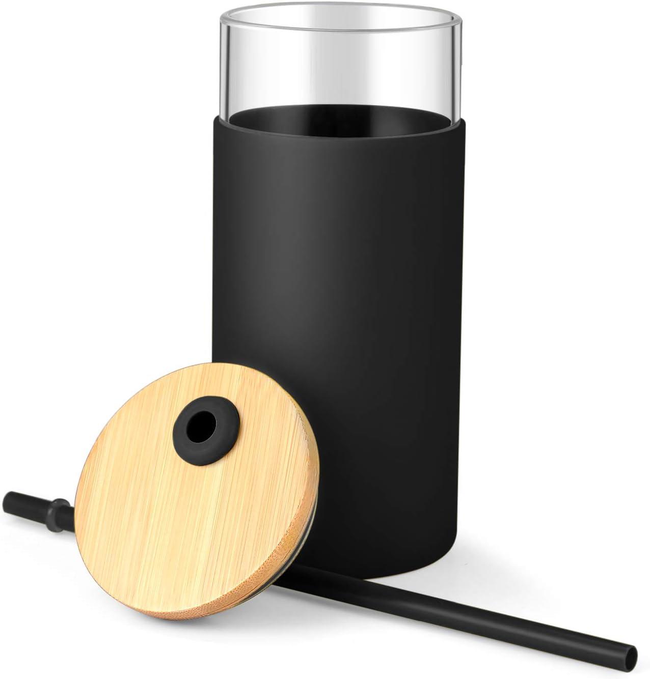 imageTronco 20 oz Glass Tumbler with Lid and Straw Iced Coffee Cup and Smoothie Cup with Bamboo Lids ampamp Protective Silicone Sleeve Dishwasher Safe BPAFree Glass Cup 1 PackBlack