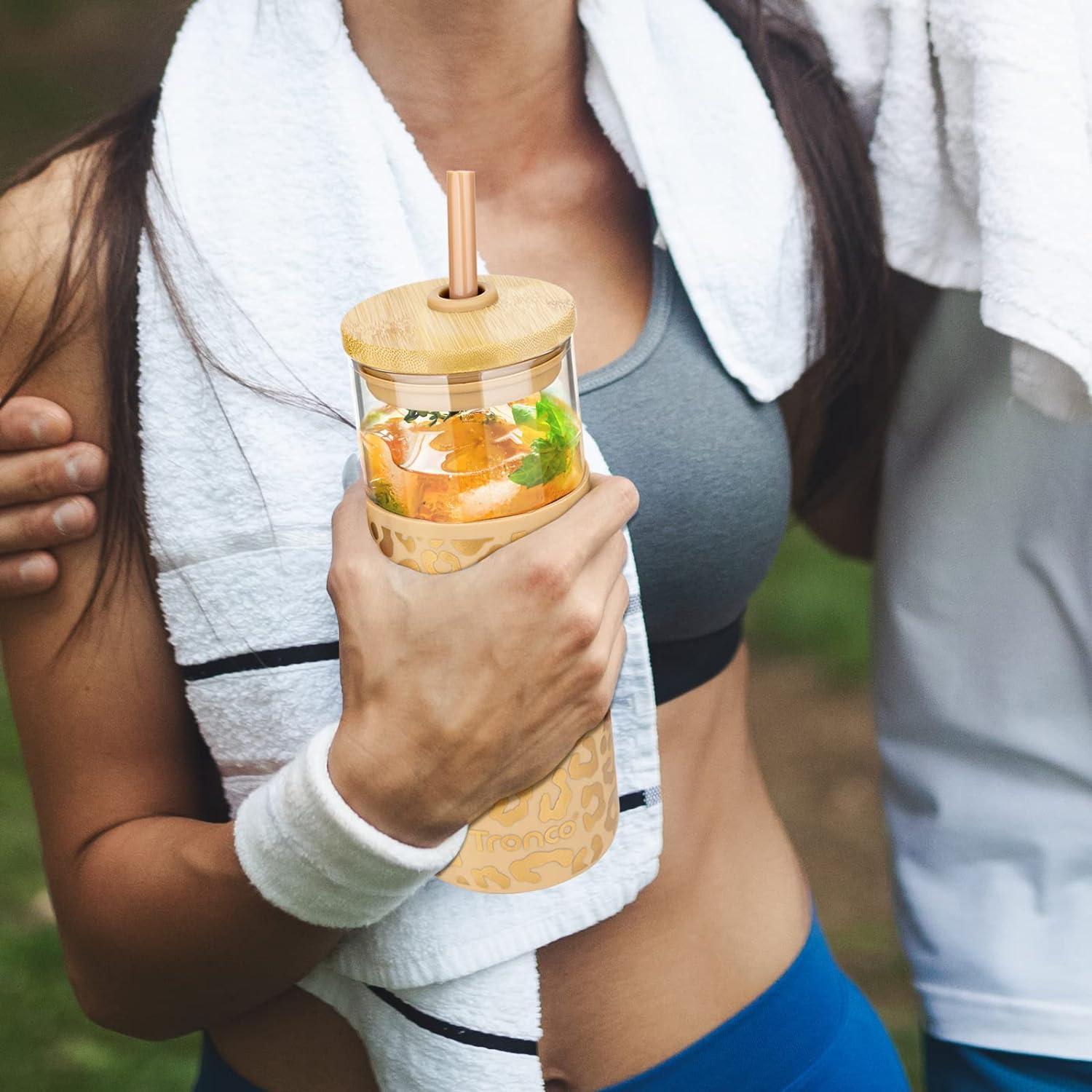 imageTronco 20 oz Glass Tumbler with Lid and Straw Iced Coffee Cup and Smoothie Cup with Bamboo Lids ampamp Protective Silicone Sleeve Dishwasher Safe BPAFree Glass Cup 1 PackAmber leopard
