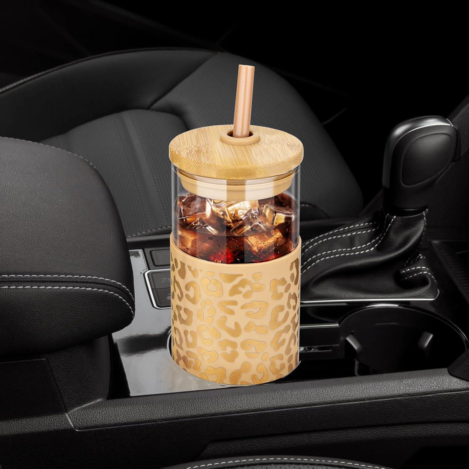 imageTronco 20 oz Glass Tumbler with Lid and Straw Iced Coffee Cup and Smoothie Cup with Bamboo Lids ampamp Protective Silicone Sleeve Dishwasher Safe BPAFree Glass Cup 1 PackAmber leopard