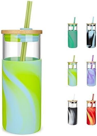 imageTronco 20 oz Glass Tumbler with Lid and Straw Iced Coffee Cup and Smoothie Cup with Bamboo Lids ampamp Protective Silicone Sleeve Dishwasher Safe BPAFree Glass Cup 1 PackBright Green
