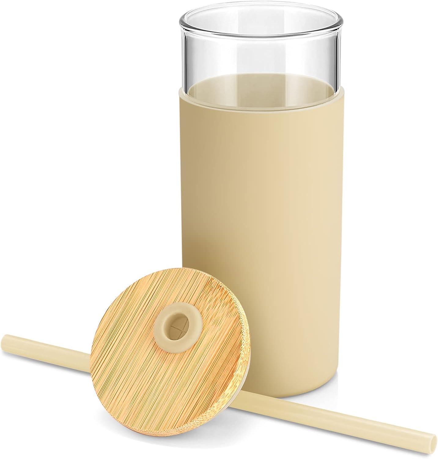 imageTronco 20 oz Glass Tumbler with Lid and Straw Iced Coffee Cup and Smoothie Cup with Bamboo Lids ampamp Protective Silicone Sleeve Dishwasher Safe BPAFree Glass Cup 1 PackGravel Ash