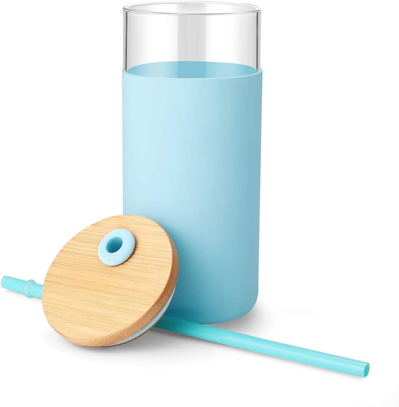 imageTronco 20 oz Glass Tumbler with Lid and Straw Iced Coffee Cup and Smoothie Cup with Bamboo Lids ampamp Protective Silicone Sleeve Dishwasher Safe BPAFree Glass Cup 1 PackCape Cod Blue