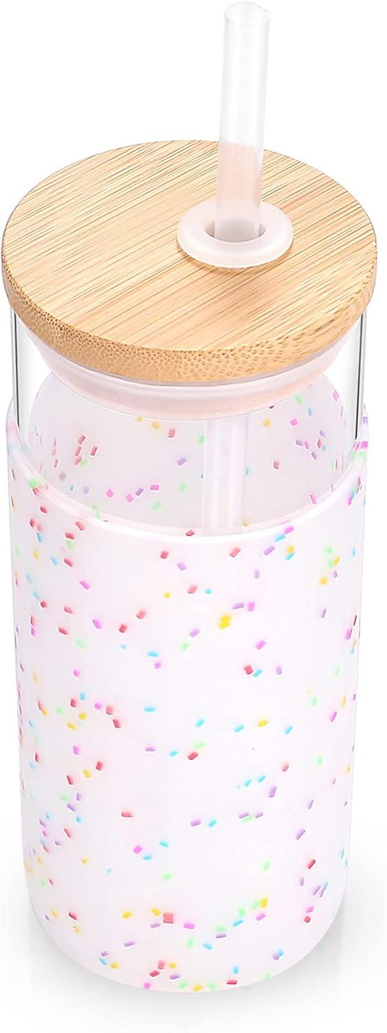 imageTronco 20 oz Glass Tumbler with Lid and Straw Iced Coffee Cup and Smoothie Cup with Bamboo Lids ampamp Protective Silicone Sleeve Dishwasher Safe BPAFree Glass Cup 1 PackColorful spots