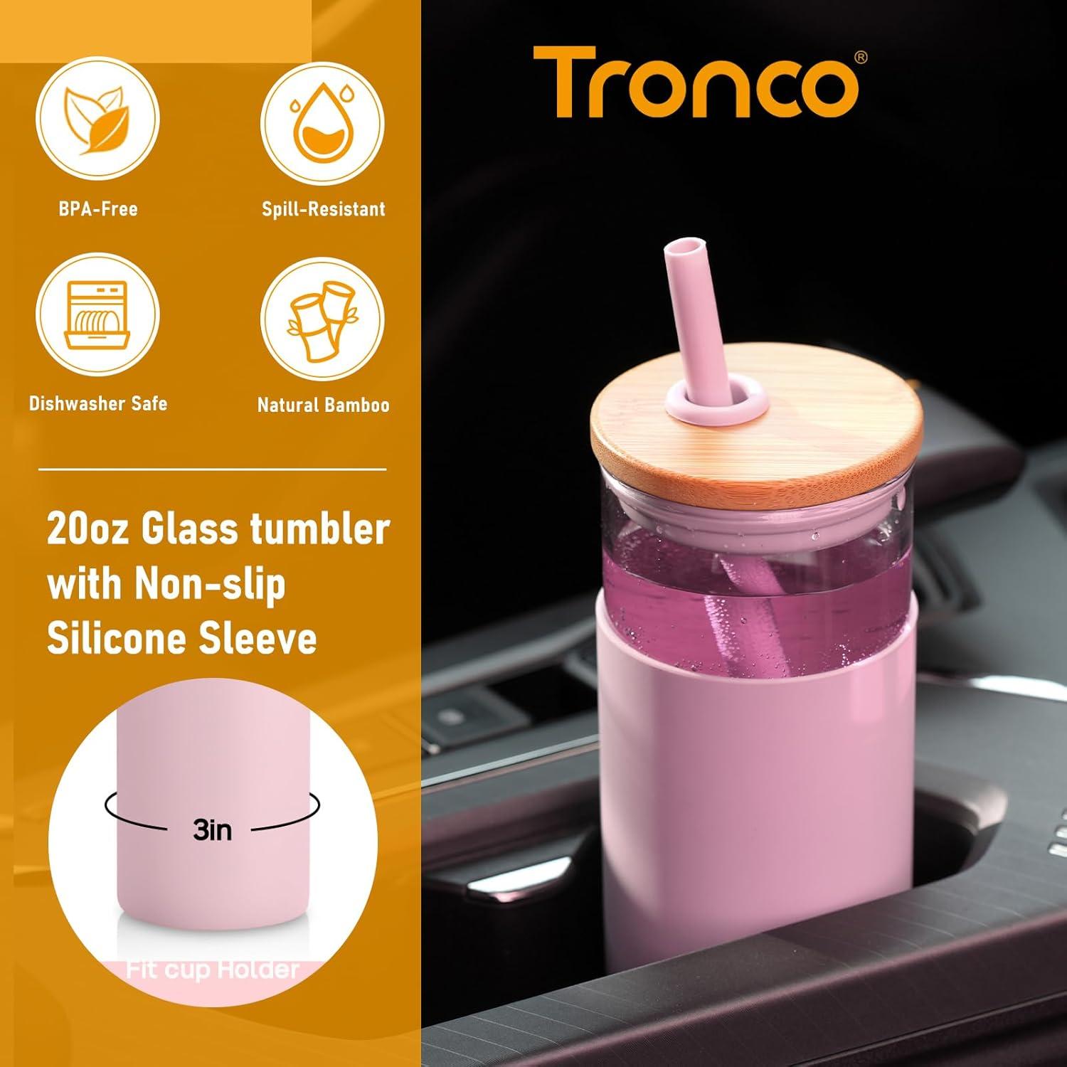 imageTronco 20 oz Glass Tumbler with Lid and Straw Iced Coffee Cup and Smoothie Cup with Bamboo Lids ampamp Protective Silicone Sleeve Dishwasher Safe BPAFree Glass Cup 1 PackLight Purple