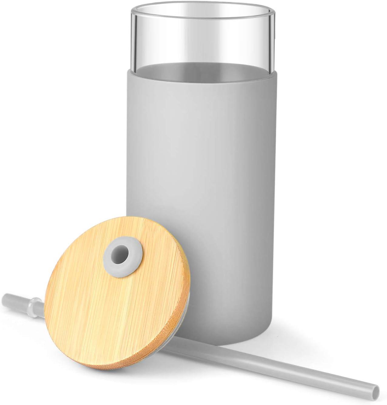 imageTronco 20 oz Glass Tumbler with Lid and Straw Iced Coffee Cup and Smoothie Cup with Bamboo Lids ampamp Protective Silicone Sleeve Dishwasher Safe BPAFree Glass Cup 1 PackFrench Grey