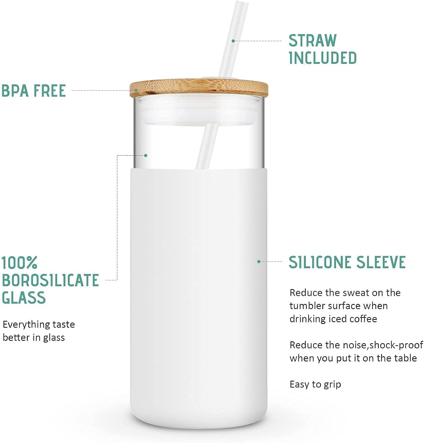 imageTronco 20 oz Glass Tumbler with Lid and Straw Iced Coffee Cup and Smoothie Cup with Bamboo Lids ampamp Protective Silicone Sleeve Dishwasher Safe BPAFree Glass Cup 1 PackAmber