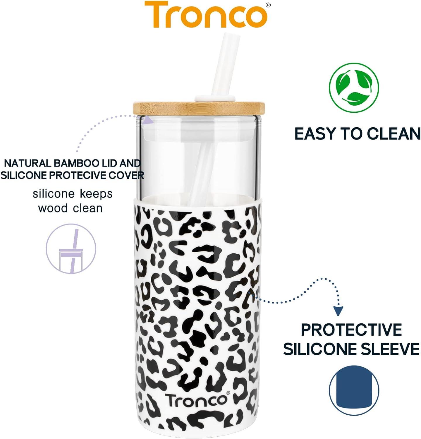 imageTronco 20 oz Glass Tumbler with Lid and Straw Iced Coffee Cup and Smoothie Cup with Bamboo Lids ampamp Protective Silicone Sleeve Dishwasher Safe BPAFree Glass Cup 1 PackAmber leopard