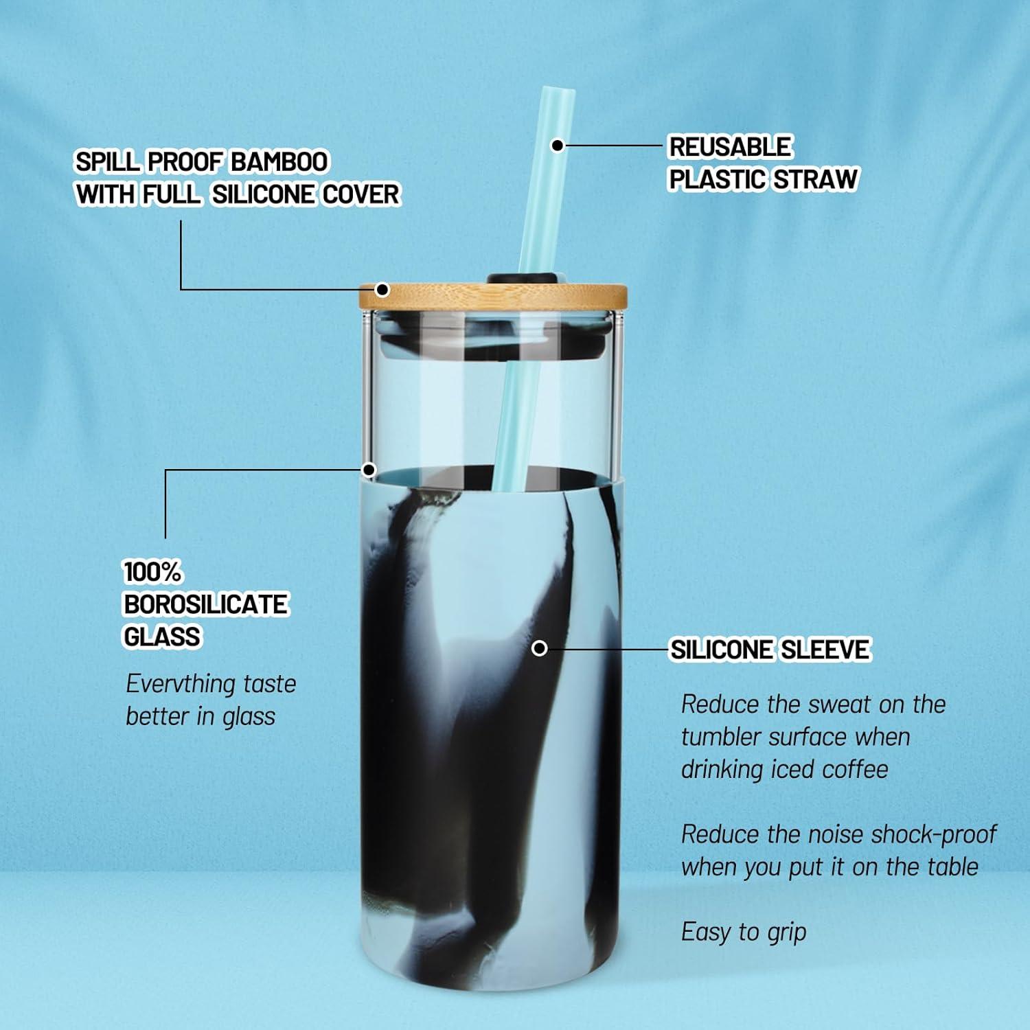 imageTronco 20 oz Glass Tumbler with Lid and Straw Iced Coffee Cup and Smoothie Cup with Bamboo Lids ampamp Protective Silicone Sleeve Dishwasher Safe BPAFree Glass Cup 1 PackBlack leopard
