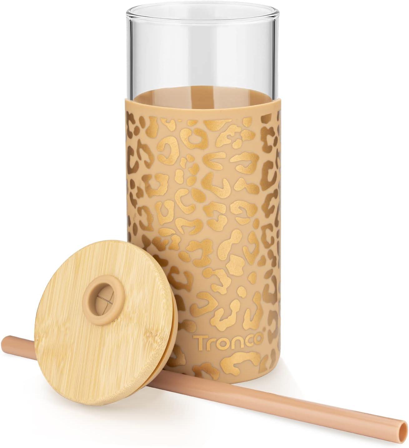 imageTronco 20 oz Glass Tumbler with Lid and Straw Iced Coffee Cup and Smoothie Cup with Bamboo Lids ampamp Protective Silicone Sleeve Dishwasher Safe BPAFree Glass Cup 1 PackAmber leopard