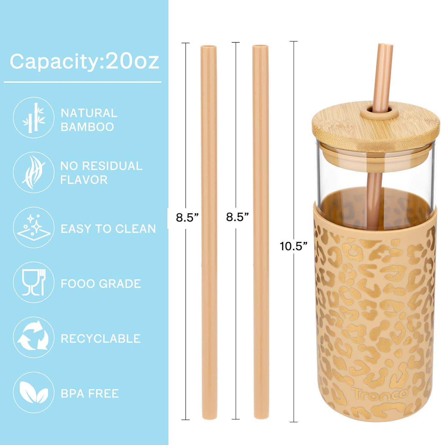 imageTronco 20 oz Glass Tumbler with Lid and Straw Iced Coffee Cup and Smoothie Cup with Bamboo Lids ampamp Protective Silicone Sleeve Dishwasher Safe BPAFree Glass Cup 1 PackAmber leopard