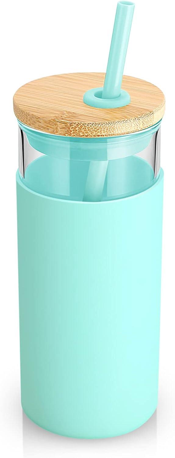 imageTronco 20 oz Glass Tumbler with Lid and Straw Iced Coffee Cup and Smoothie Cup with Bamboo Lids ampamp Protective Silicone Sleeve Dishwasher Safe BPAFree Glass Cup 1 PackBlessed Blue