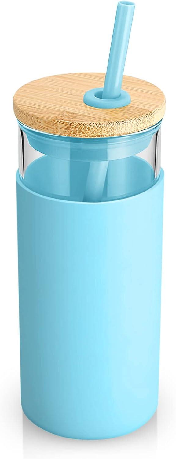 imageTronco 20 oz Glass Tumbler with Lid and Straw Iced Coffee Cup and Smoothie Cup with Bamboo Lids ampamp Protective Silicone Sleeve Dishwasher Safe BPAFree Glass Cup 1 PackCape Cod Blue