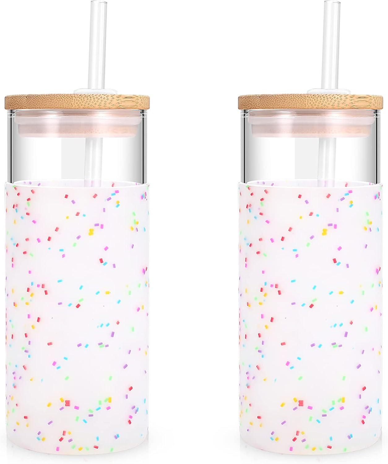 imageTronco 20 oz Glass Tumbler with Lid and Straw Iced Coffee Cup and Smoothie Cup with Bamboo Lids ampamp Protective Silicone Sleeve Dishwasher Safe BPAFree Glass Cup 1 PackColorful spots