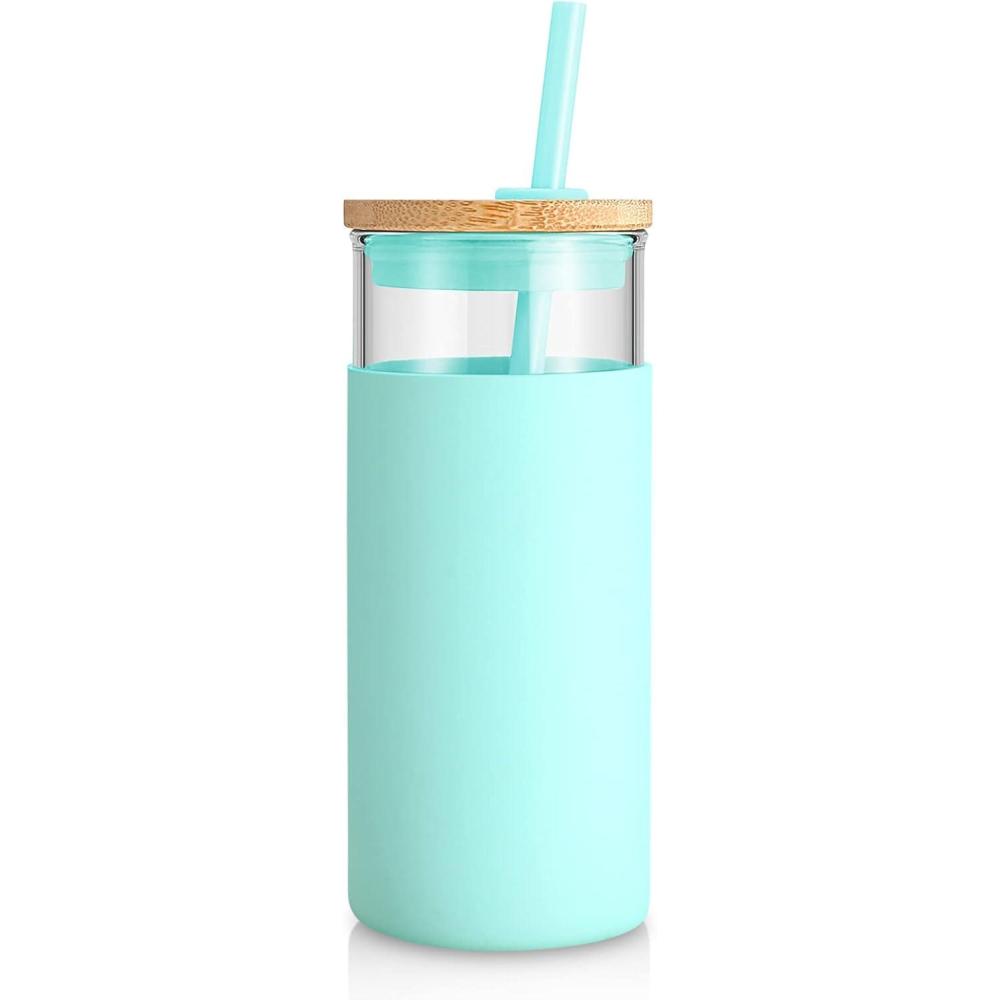 imageTronco 20 oz Glass Tumbler with Lid and Straw Iced Coffee Cup and Smoothie Cup with Bamboo Lids ampamp Protective Silicone Sleeve Dishwasher Safe BPAFree Glass Cup 1 PackBlessed Blue