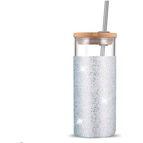 imageTronco 20 oz Glass Tumbler with Lid and Straw Iced Coffee Cup and Smoothie Cup with Bamboo Lids ampamp Protective Silicone Sleeve Dishwasher Safe BPAFree Glass Cup 1 PackSilver Dot
