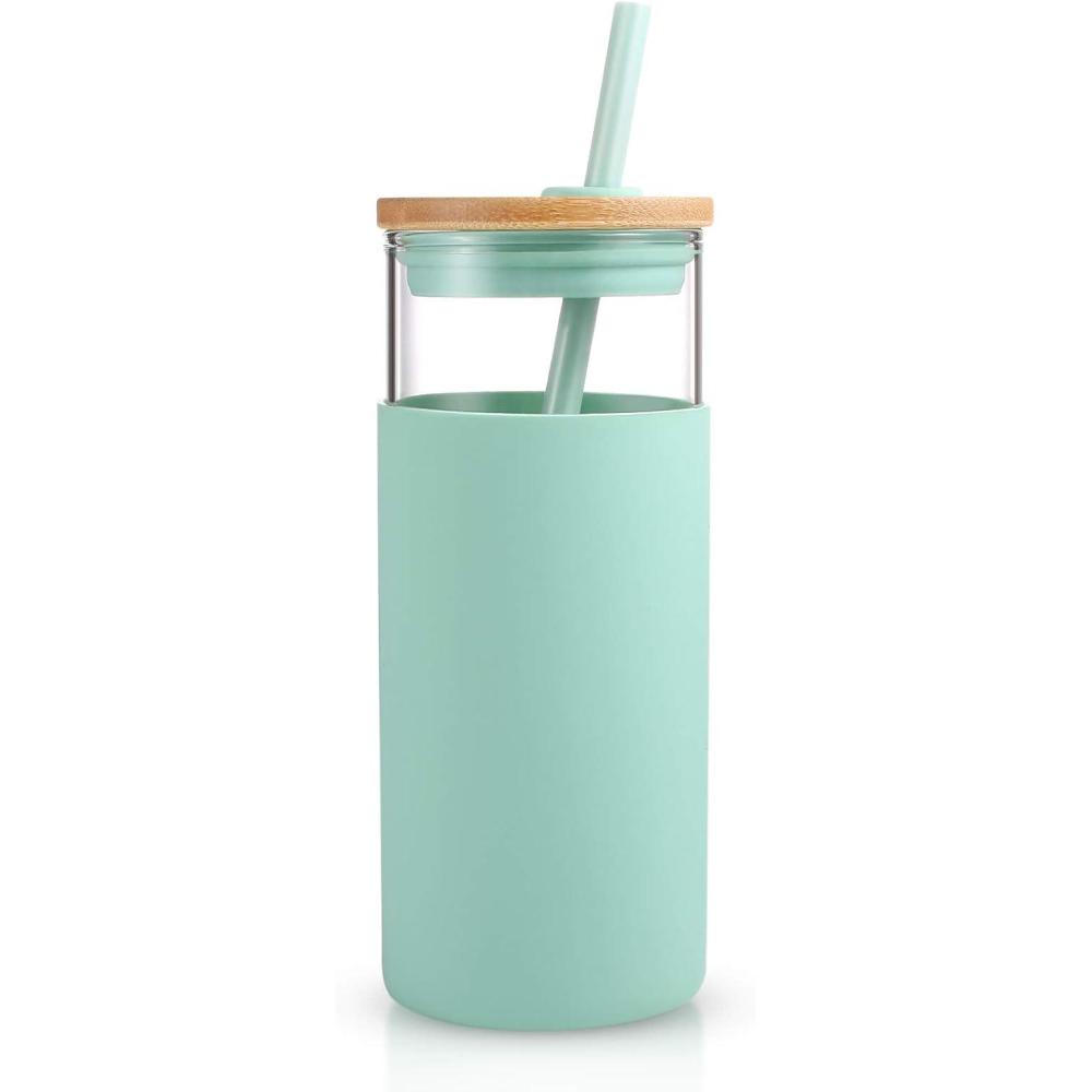 imageTronco 20 oz Glass Tumbler with Lid and Straw Iced Coffee Cup and Smoothie Cup with Bamboo Lids ampamp Protective Silicone Sleeve Dishwasher Safe BPAFree Glass Cup 1 PackMidnight Green