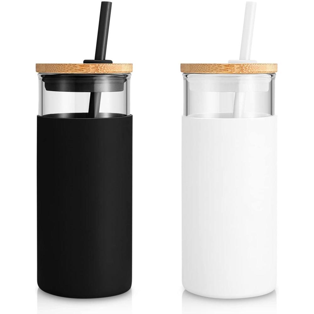 imageTronco 20 oz Glass Tumbler with Lid and Straw Iced Coffee Cup and Smoothie Cup with Bamboo Lids ampamp Protective Silicone Sleeve Dishwasher Safe BPAFree Glass Cup 1 PackWhiteBlack