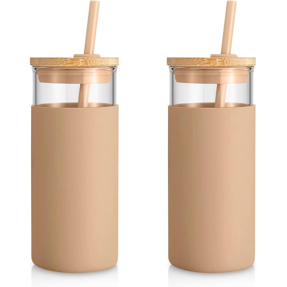 imageTronco 20 oz Glass Tumbler with Lid and Straw Iced Coffee Cup and Smoothie Cup with Bamboo Lids ampamp Protective Silicone Sleeve Dishwasher Safe BPAFree Glass Cup 1 PackAmber