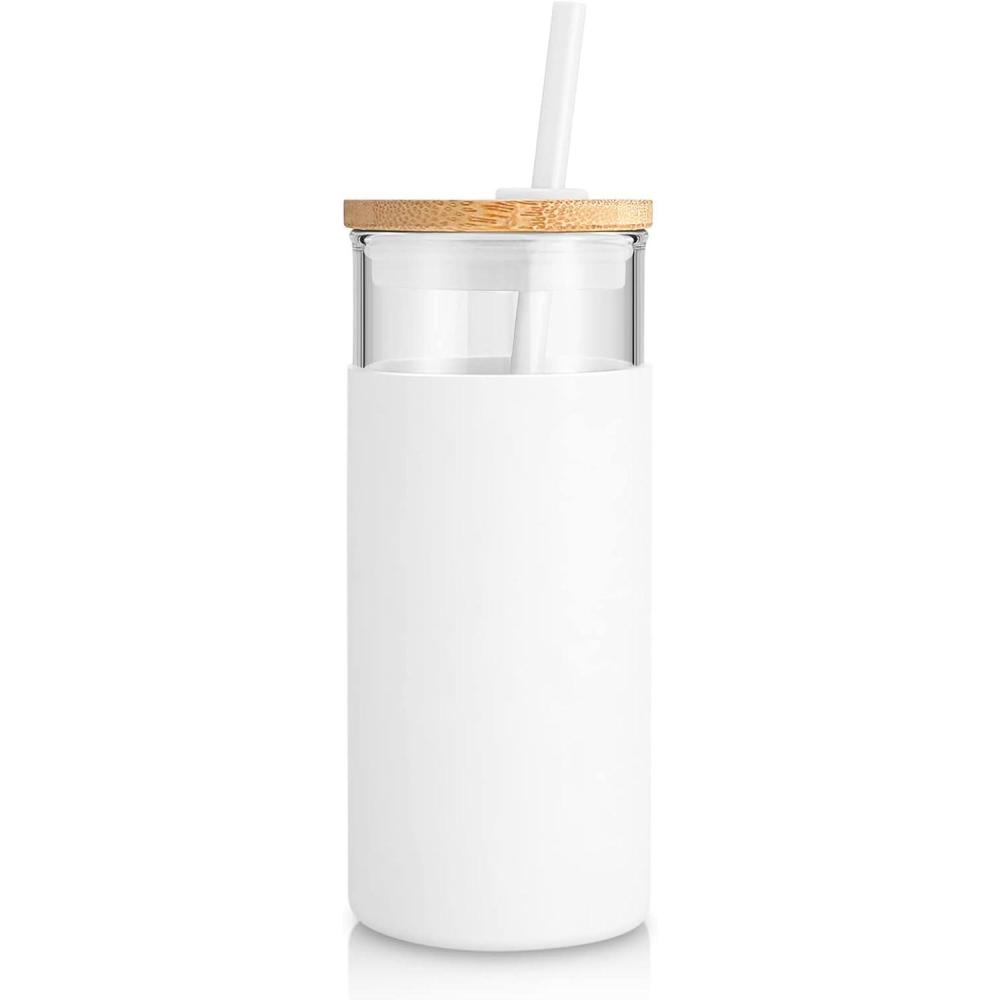 imageTronco 20 oz Glass Tumbler with Lid and Straw Iced Coffee Cup and Smoothie Cup with Bamboo Lids ampamp Protective Silicone Sleeve Dishwasher Safe BPAFree Glass Cup 1 PackWhite