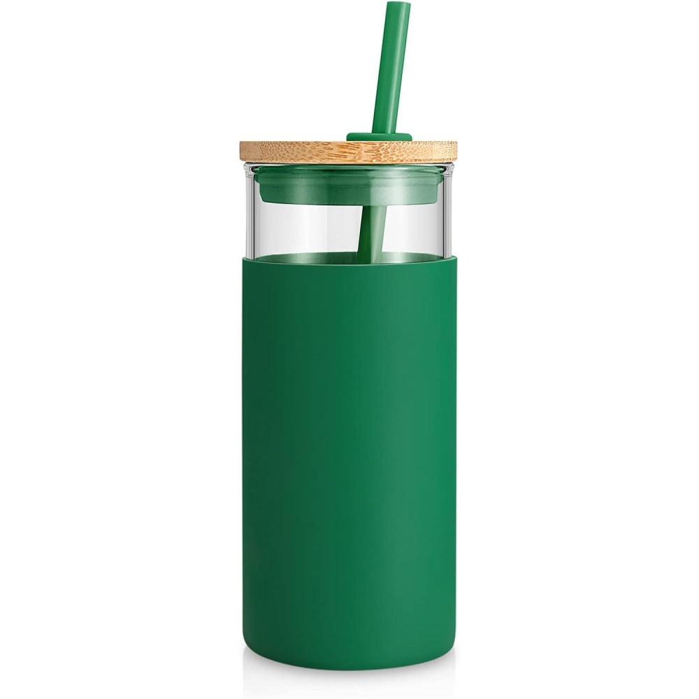 imageTronco 20 oz Glass Tumbler with Lid and Straw Iced Coffee Cup and Smoothie Cup with Bamboo Lids ampamp Protective Silicone Sleeve Dishwasher Safe BPAFree Glass Cup 1 PackBlackish Green