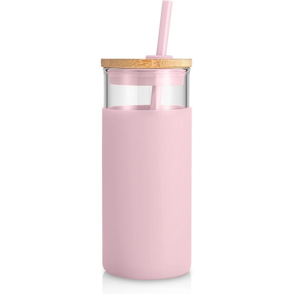 imageTronco 20 oz Glass Tumbler with Lid and Straw Iced Coffee Cup and Smoothie Cup with Bamboo Lids ampamp Protective Silicone Sleeve Dishwasher Safe BPAFree Glass Cup 1 PackPink