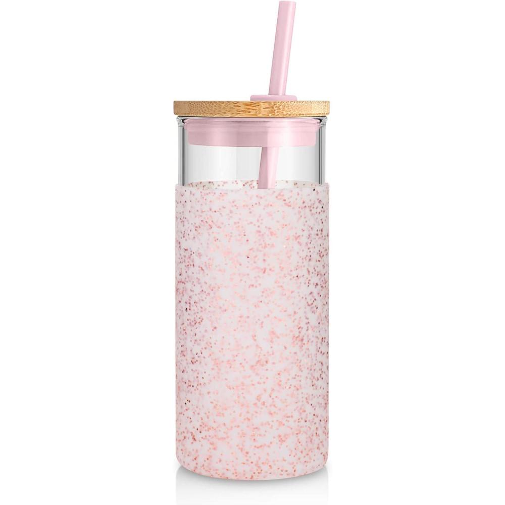 imageTronco 20 oz Glass Tumbler with Lid and Straw Iced Coffee Cup and Smoothie Cup with Bamboo Lids ampamp Protective Silicone Sleeve Dishwasher Safe BPAFree Glass Cup 1 PackDot Pink