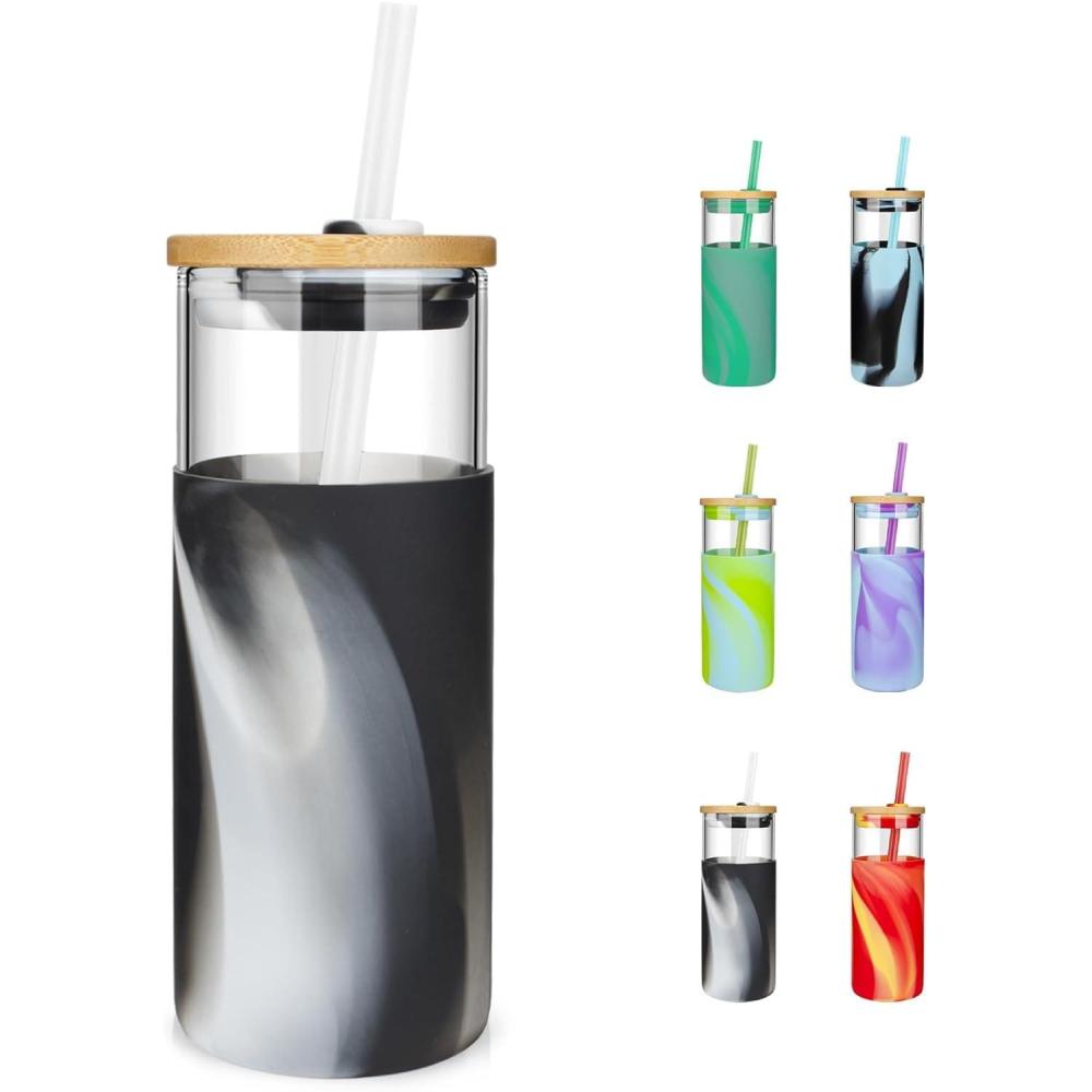 imageTronco 20 oz Glass Tumbler with Lid and Straw Iced Coffee Cup and Smoothie Cup with Bamboo Lids ampamp Protective Silicone Sleeve Dishwasher Safe BPAFree Glass Cup 1 PackBlack render