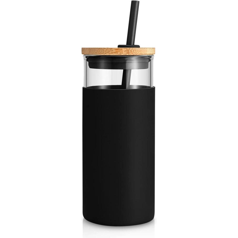 imageTronco 20 oz Glass Tumbler with Lid and Straw Iced Coffee Cup and Smoothie Cup with Bamboo Lids ampamp Protective Silicone Sleeve Dishwasher Safe BPAFree Glass Cup 1 PackBlack