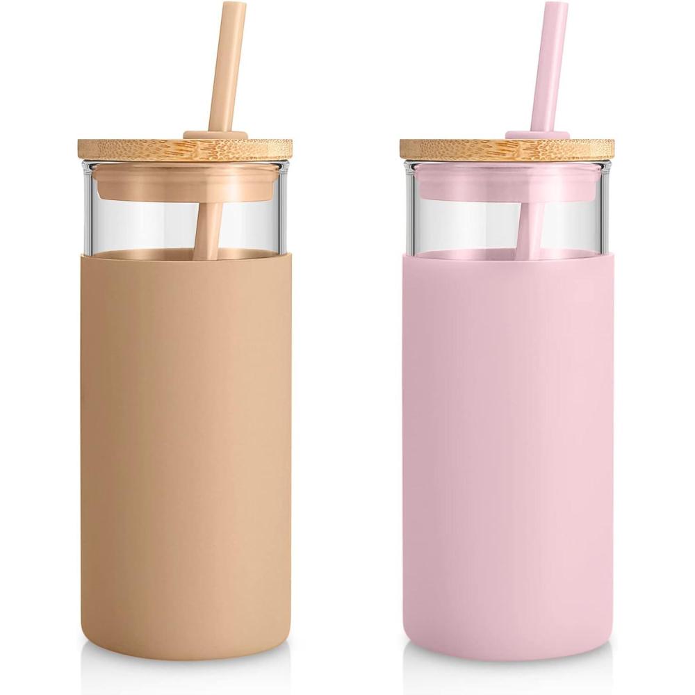 imageTronco 20 oz Glass Tumbler with Lid and Straw Iced Coffee Cup and Smoothie Cup with Bamboo Lids ampamp Protective Silicone Sleeve Dishwasher Safe BPAFree Glass Cup 1 PackPinkAmber