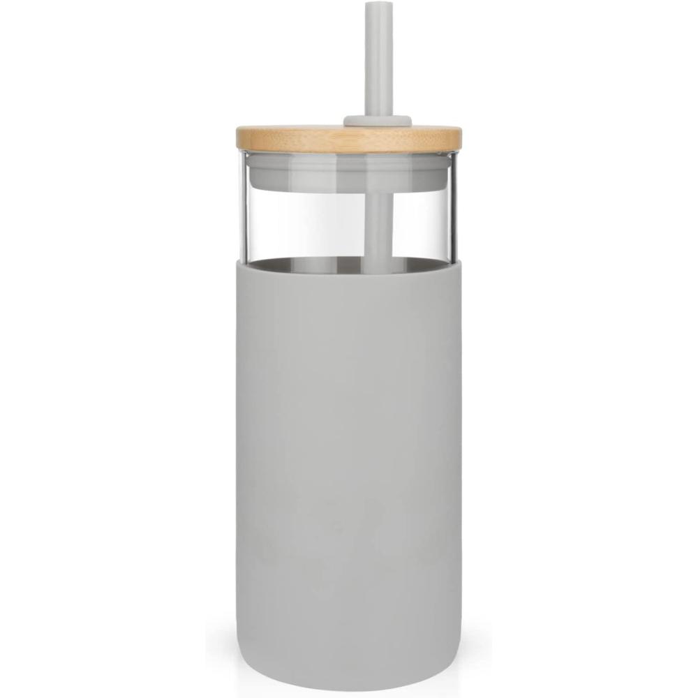imageTronco 20 oz Glass Tumbler with Lid and Straw Iced Coffee Cup and Smoothie Cup with Bamboo Lids ampamp Protective Silicone Sleeve Dishwasher Safe BPAFree Glass Cup 1 PackFrench Grey