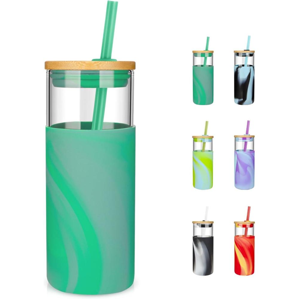 imageTronco 20 oz Glass Tumbler with Lid and Straw Iced Coffee Cup and Smoothie Cup with Bamboo Lids ampamp Protective Silicone Sleeve Dishwasher Safe BPAFree Glass Cup 1 PackGreyGreen
