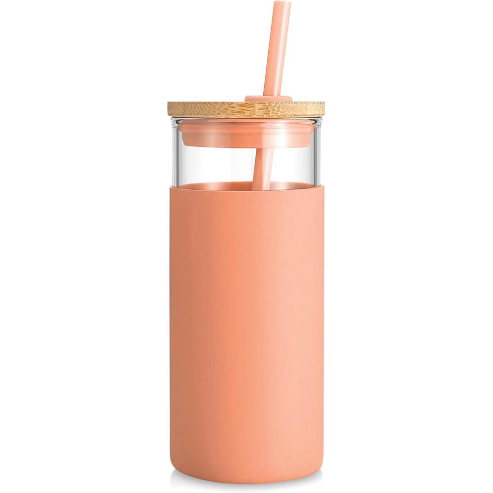 imageTronco 20 oz Glass Tumbler with Lid and Straw Iced Coffee Cup and Smoothie Cup with Bamboo Lids ampamp Protective Silicone Sleeve Dishwasher Safe BPAFree Glass Cup 1 PackOrange