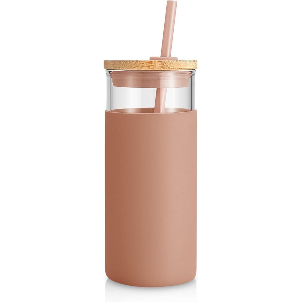 imageTronco 20 oz Glass Tumbler with Lid and Straw Iced Coffee Cup and Smoothie Cup with Bamboo Lids ampamp Protective Silicone Sleeve Dishwasher Safe BPAFree Glass Cup 1 PackCoffee