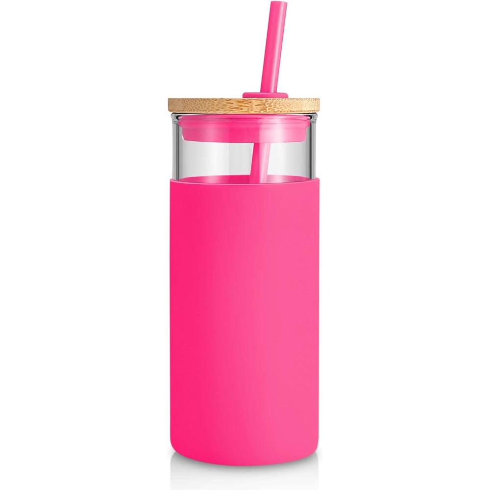 imageTronco 20 oz Glass Tumbler with Lid and Straw Iced Coffee Cup and Smoothie Cup with Bamboo Lids ampamp Protective Silicone Sleeve Dishwasher Safe BPAFree Glass Cup 1 PackWatermelon