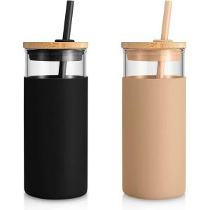 imageTronco 20 oz Glass Tumbler with Lid and Straw Iced Coffee Cup and Smoothie Cup with Bamboo Lids ampamp Protective Silicone Sleeve Dishwasher Safe BPAFree Glass Cup 1 PackBlackAmber