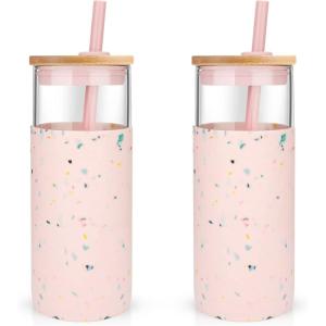 imageTronco 20 oz Glass Tumbler with Lid and Straw Iced Coffee Cup and Smoothie Cup with Bamboo Lids ampamp Protective Silicone Sleeve Dishwasher Safe BPAFree Glass Cup 1 PackTerrazzo Blush